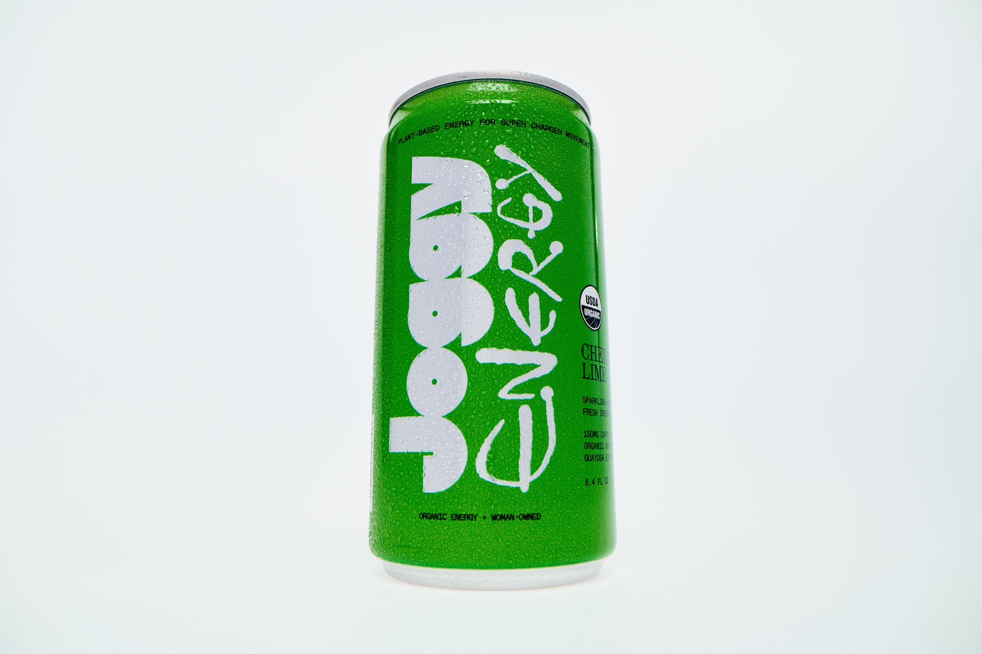 Green energy drink can on a white background