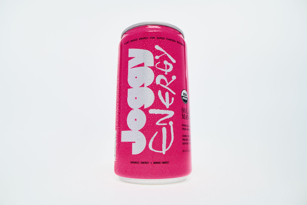 Pink can of Joggy Energy drink on a white background
