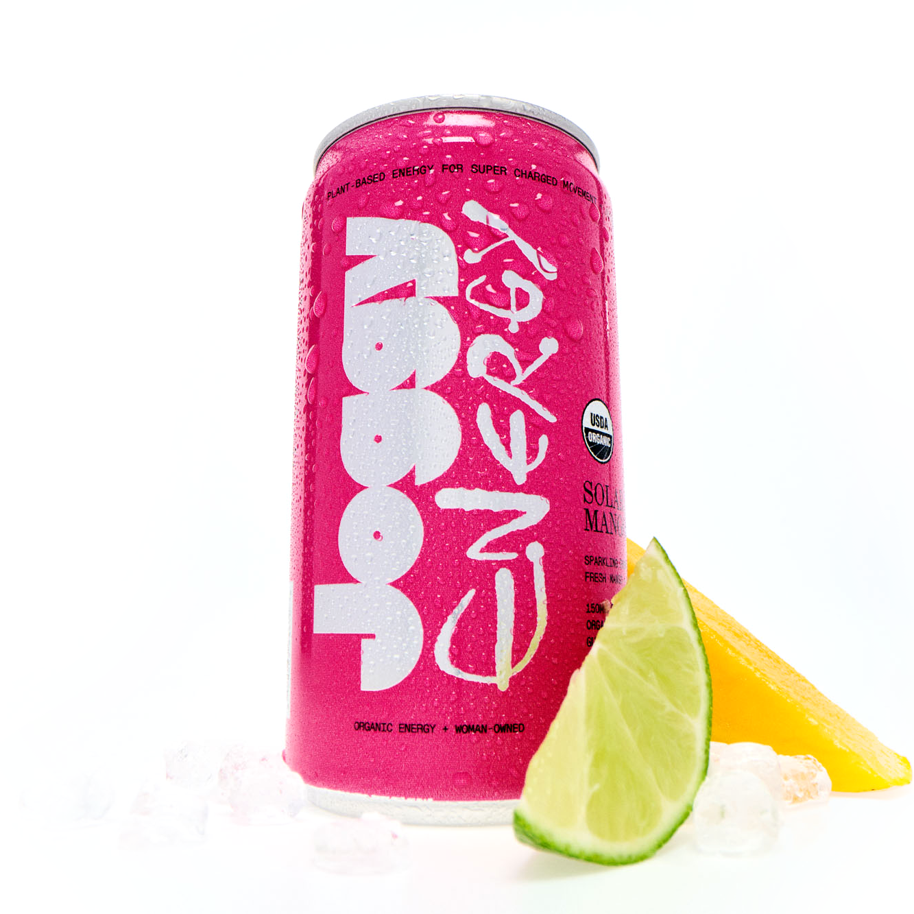 Pink energy drink can with lemon and lime slices on a white background